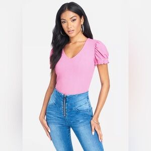 Bebe Puff Short Sleeve Ribbed Top XS